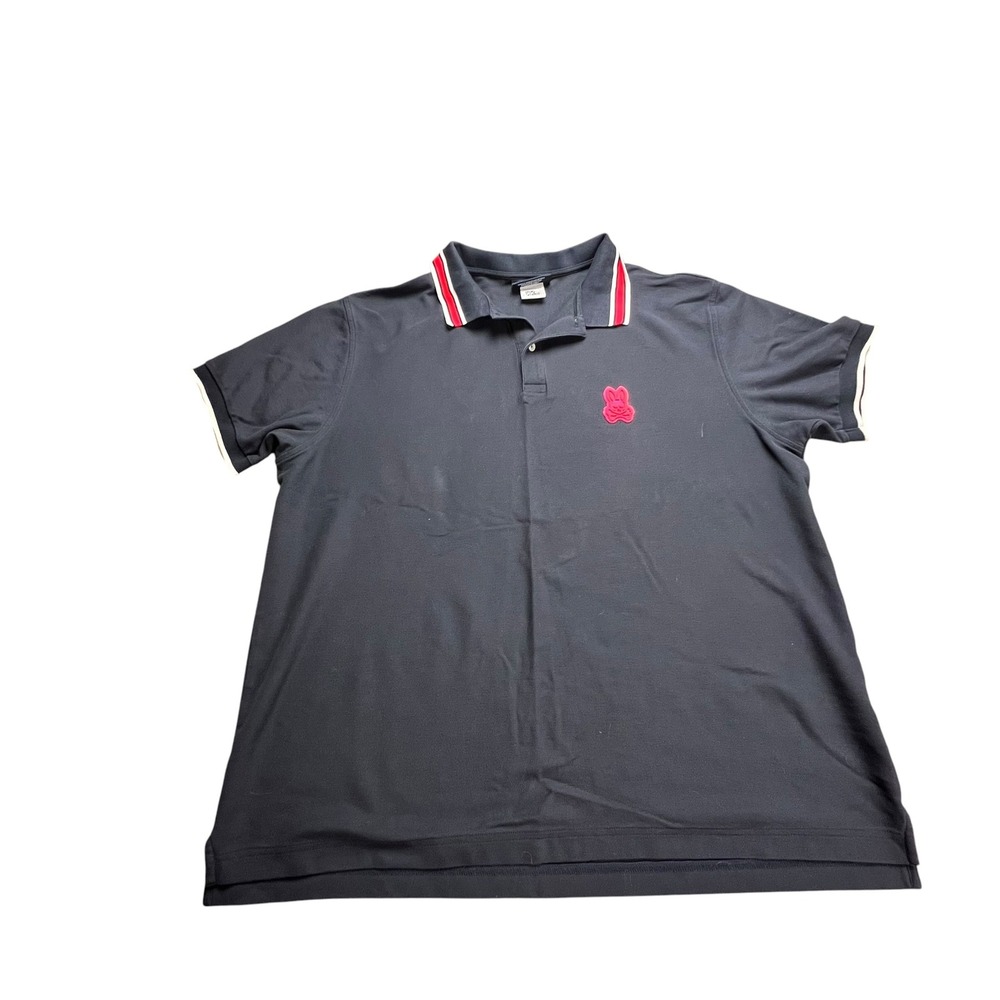 Psycho Bunny Mens XL Navy Blue Pima Cotton Short Sleeve Striped Collar Polo